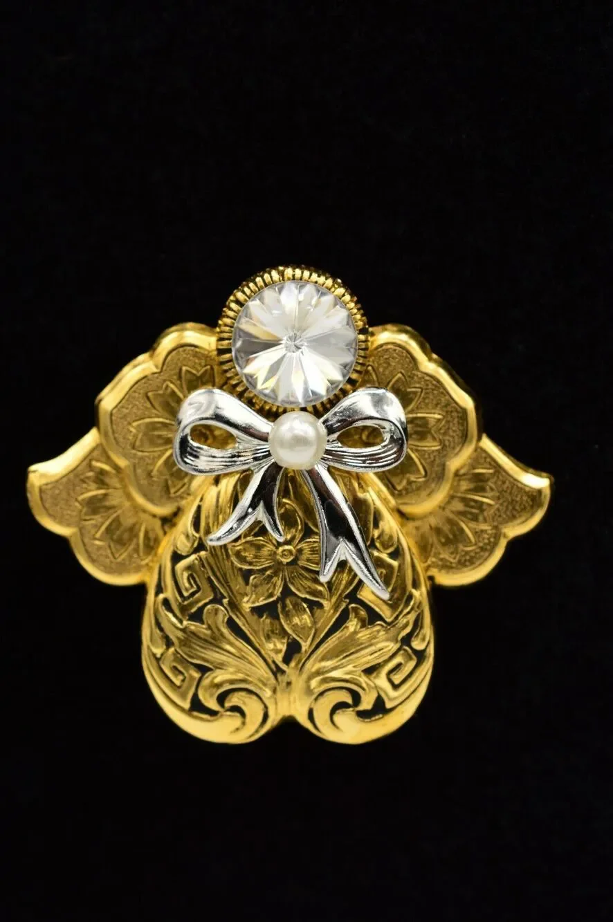 Jane 1995 AOL Signed Vintage Pin Brooch Guardian Gold Angel Rhinestone Chic BinJ